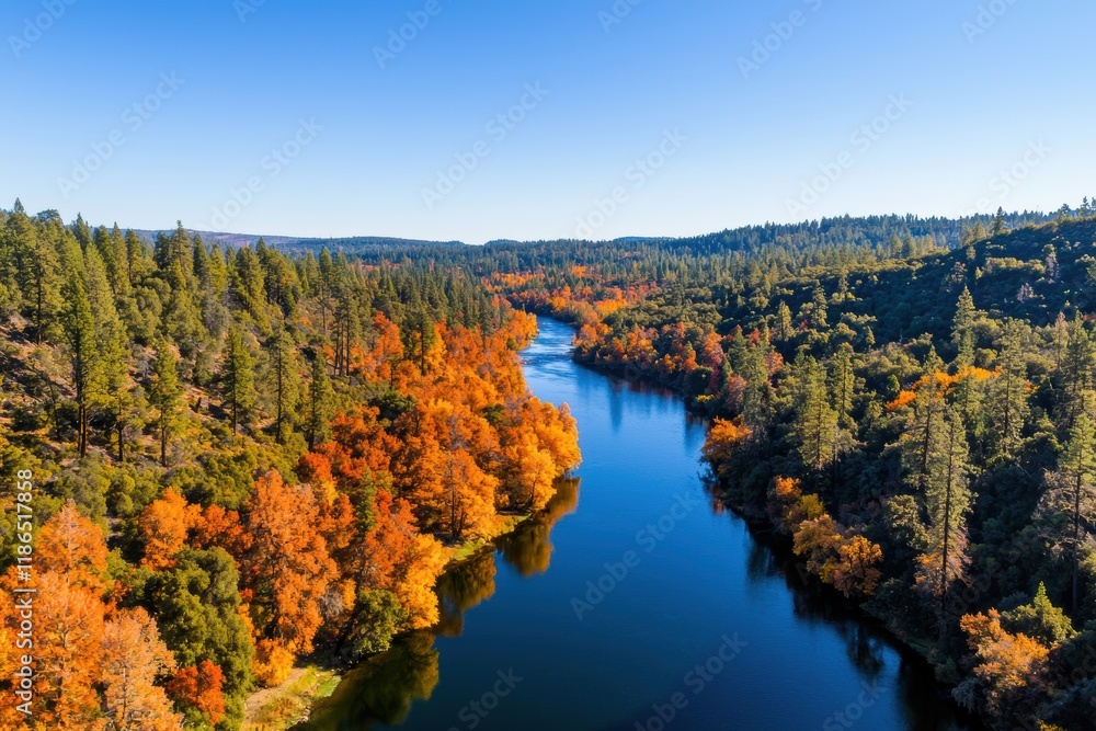 Naklejka premium Scenic Fall Landscape with River and Colorful Trees in Nature