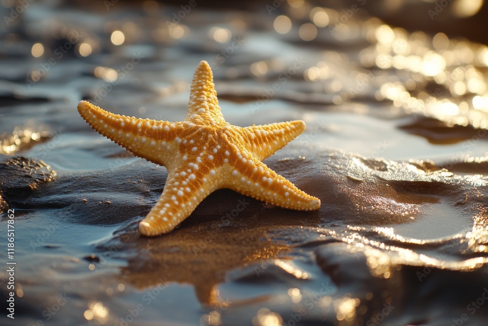 Golden Starfish on Wet Sand Beach at Sunset Ocean Seashore Golden Starfish on Wet Sand Beach at Sunset Ocean Seashore