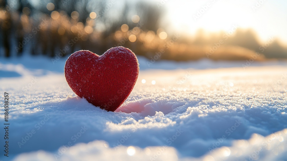 Fototapeta premium Valentine's day heart in snowy landscape at sunrise for romantic winter themes