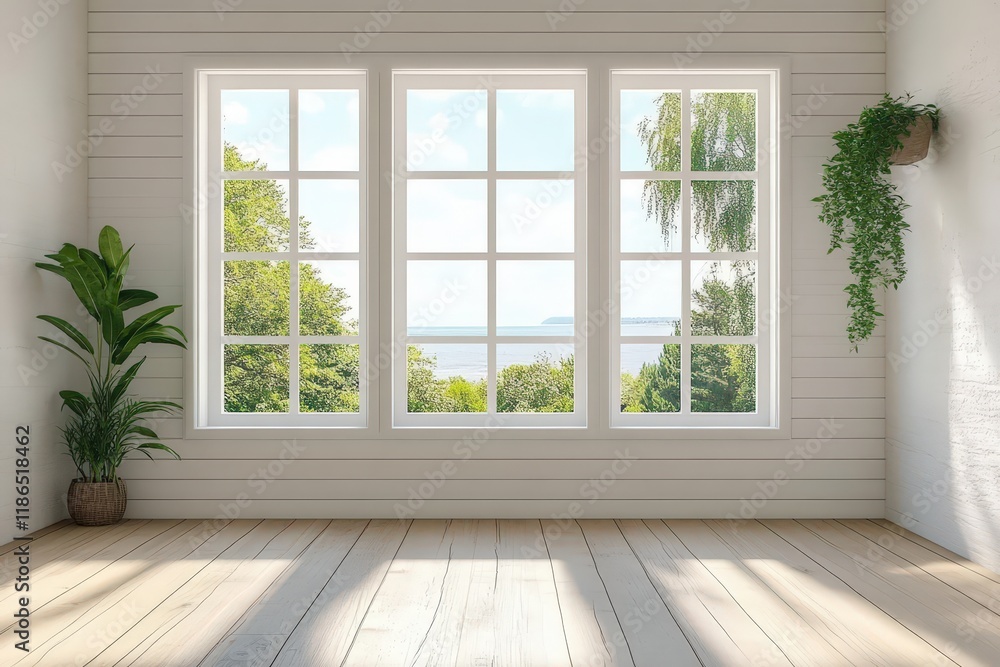 Bright and Airy Summer Room with Large Windows Offering Scenic View of Greenery and Water Beneath a Clear Sky Bright and Airy Summer Room with Large Windows Offering Scenic View of Greenery and Water Beneath a Clear Sky