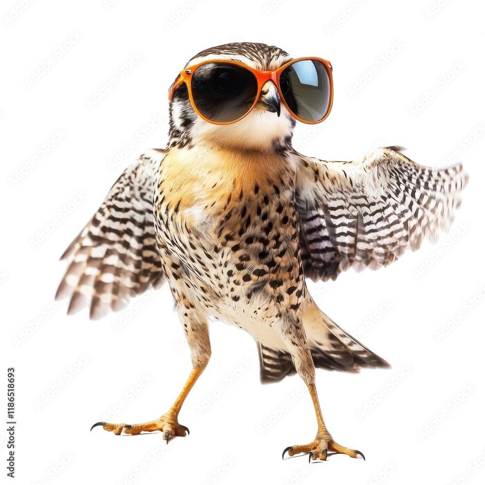 Fototapeta premium Funny Kestrel in Large Sunglasses Dancing with Wings Outstretched for a Memorable Photo Opportunity