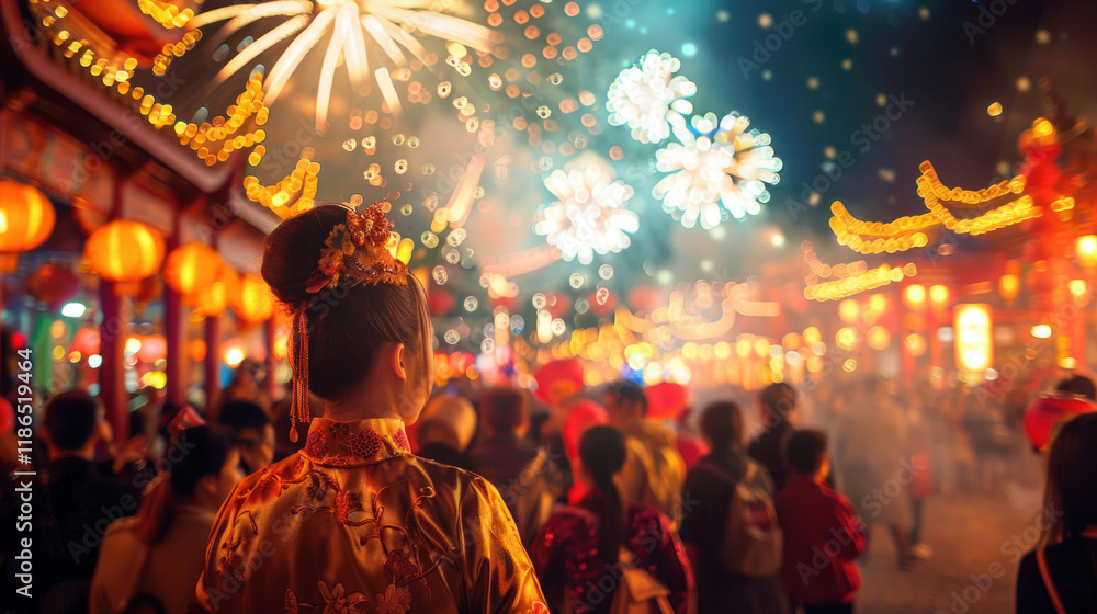 Obraz premium Chinese New Year lanterns, bustling street festival, performers in traditional costumes, colorful fireworks in the background, festive mood