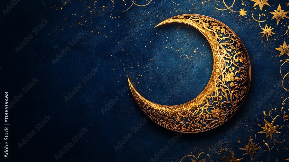 Ornate Golden Crescent Moon: Celestial Elegance on a Dark Blue Canvas Ornate Golden Crescent Moon: Celestial Elegance on a Dark Blue Canvas