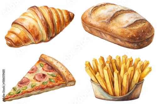 Fresh baked goods, delicious pastries, crispy pizza slice, golden French fries, watercolor style, food illustration.