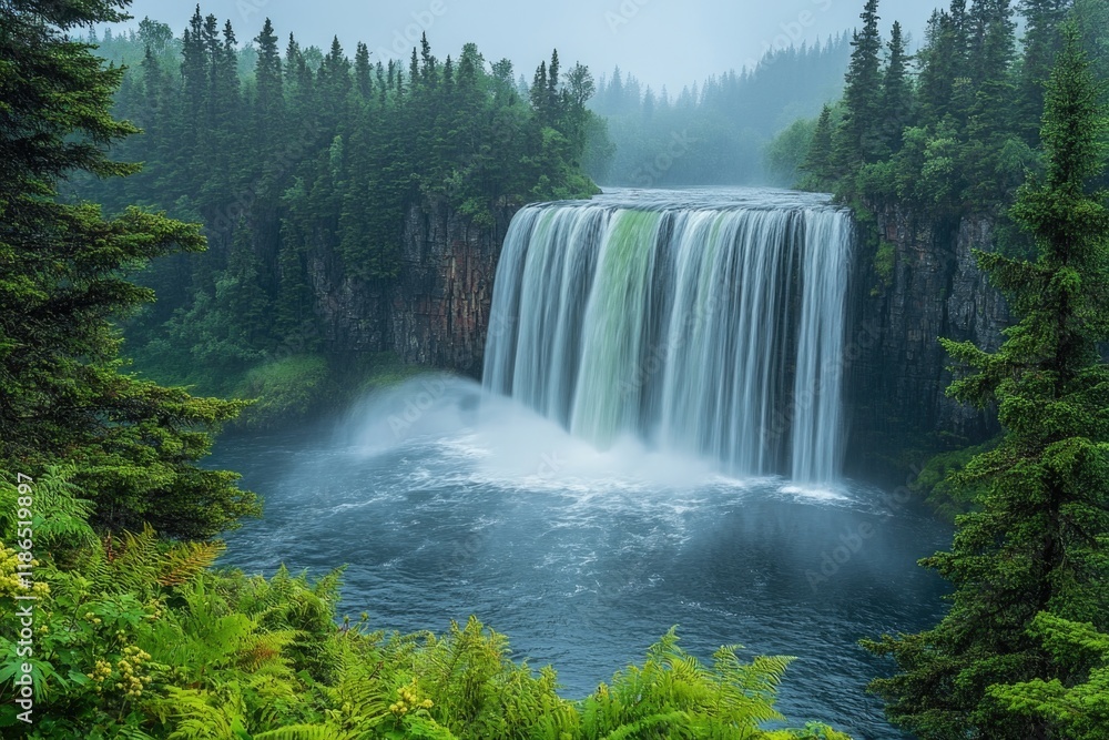 Fototapeta premium A serene waterfall surrounded by dense foliage, perfect for outdoor and nature-themed projects