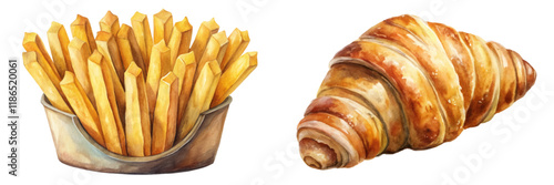 French fries in basket, golden crispy texture, buttery croissant, delicious baked goods, food illustration, culinary art.