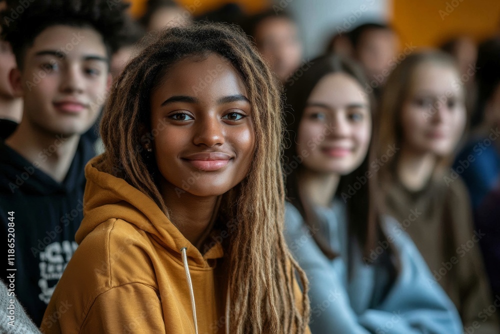 Multiracial group of happy classmates at high school looking at camera. Generative AI Multiracial group of happy classmates at high school looking at camera. Generative AI
