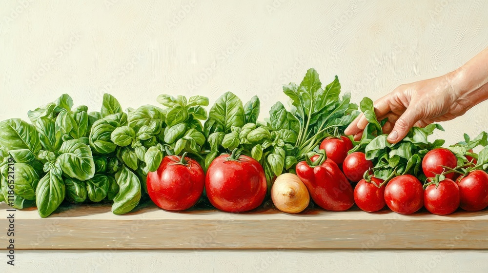 Hand Reaching for Fresh Vegetables on Wooden Surface with Red Tomatoes and Green Leafy Greens Hand Reaching for Fresh Vegetables on Wooden Surface with Red Tomatoes and Green Leafy Greens