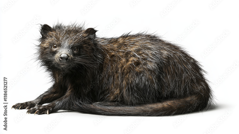 Dark-furred nocturnal mammal, lying down, looking directly at the camera. Dark-furred nocturnal mammal, lying down, looking directly at the camera.