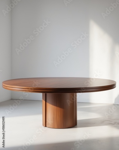 Elegant round wooden table with a polished finish designed for modern dining spaces and gatherings photo