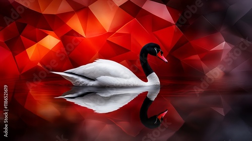 Elegant black-necked swan gracefully floats on serene red water, reflected perfectly.  A stunning contrast. photo