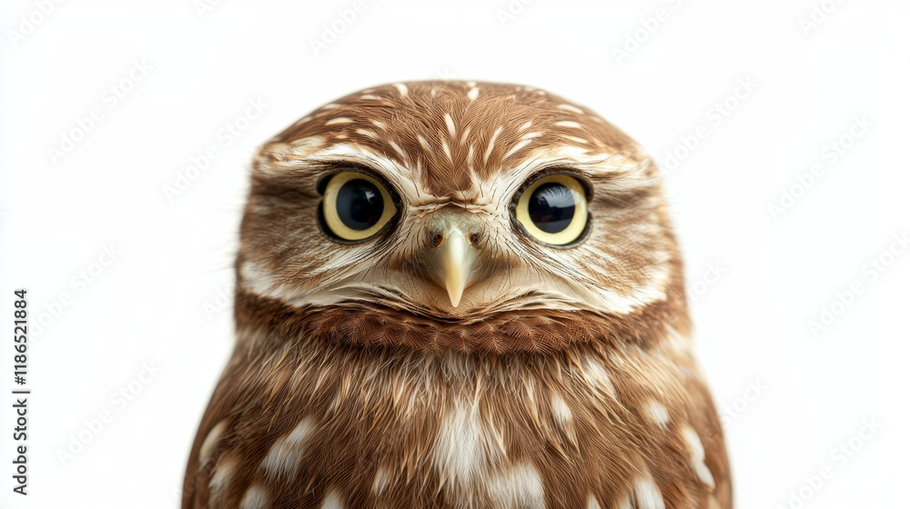 Naklejka premium Little owl portrait: Intense gaze, brown and white feathers, close-up view.