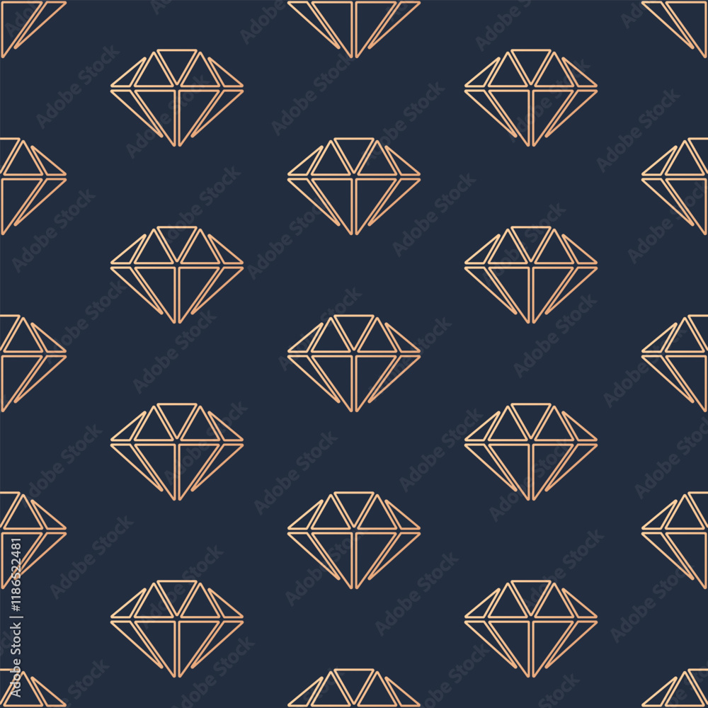 Diamonds vector seamless pattern. Stylized gold outline gems on indigo blue background. Diamonds vector seamless pattern. Stylized gold outline gems on indigo blue background.