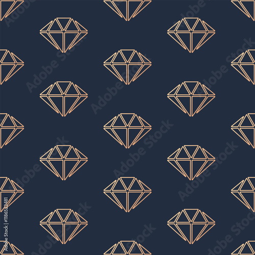 Diamonds vector seamless pattern. Stylized gold outline gems on indigo blue background.