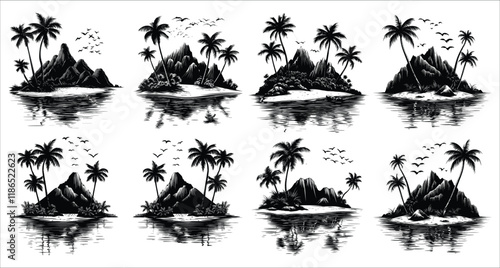 Tropical island with palm trees vector silhouettes, Palm trees and beach hut silhouettes icons, Tropical beach landscape with sun and palm trees, Beautiful tropical beach hut and palm tree silhouettes