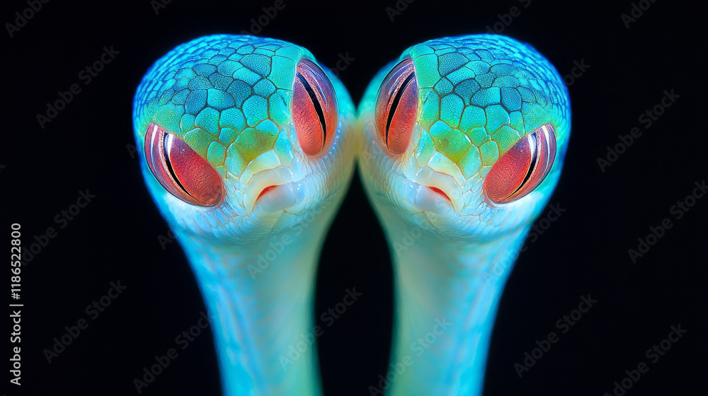 Fototapeta premium Twin snakes, vibrant turquoise scales, intense red eyes, mirror image.
