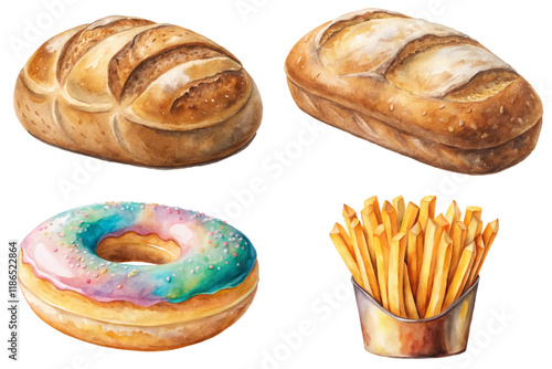 Freshly baked bread, colorful donut, crispy fries, watercolor style, food illustration, delicious treats, culinary art.