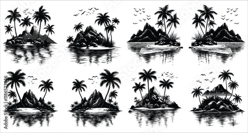 Tropical island with palm trees vector silhouettes, Palm trees and beach hut silhouettes icons, Tropical beach landscape with sun and palm trees, Beautiful tropical beach hut and palm tree silhouettes