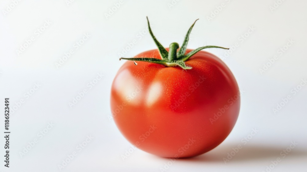Juicy Red Tomato: A single, ripe tomato, glowing with vibrant red color, sits on a simple backdrop, highlighting its perfect shape, smooth skin, and glistening dew. Juicy Red Tomato: A single, ripe tomato, glowing with vibrant red color, sits on a simple backdrop, highlighting its perfect shape, smooth skin, and glistening dew.