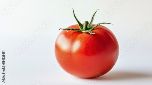 Wallpaper Mural Juicy Red Tomato: A single, ripe tomato, glowing with vibrant red color, sits on a simple backdrop, highlighting its perfect shape, smooth skin, and glistening dew.   Torontodigital.ca