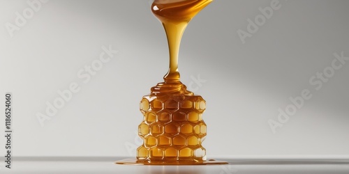 Golden Honey Pouring Onto Honeycomb Cells photo