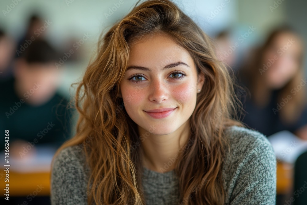 Portrait of happy female student at college classroom looking at camera. Generative AI Portrait of happy female student at college classroom looking at camera. Generative AI