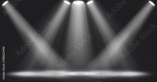 Bright white beams of light from spotlights on dark background. Studio lighting effects, stage lighting.