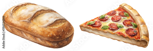 Freshly baked bread, delicious pizza slice, watercolor illustration, food art, culinary design, vibrant colors, appetizing visuals.