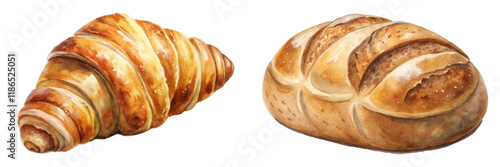 Freshly baked croissant, artisan bread, watercolor illustration, delicious pastries, bakery products, food art, culinary design.