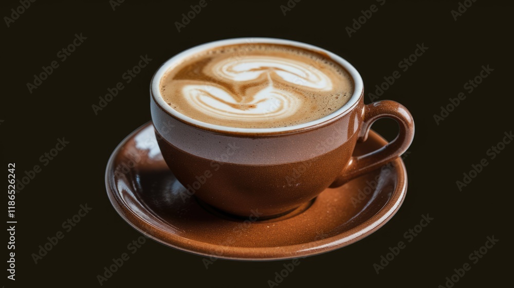 Fototapeta premium A brown cup of latte art coffee on a saucer, against a dark background.