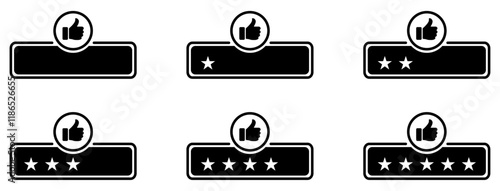 Rating star icon collection. One to five star rating, rate us, review vector icon set.  Feedback with satisfaction rating. Product rating or customer review with star. Thumb up with rating star. 