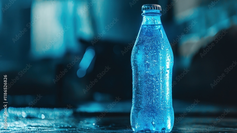 Cold, blue, fizzy drink in glass bottle with condensation on dark background. Cold, blue, fizzy drink in glass bottle with condensation on dark background.