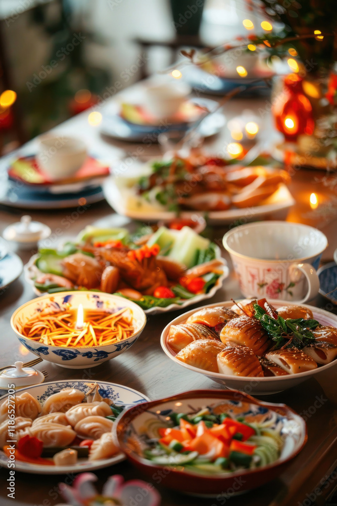 Chinese New Year parade, serene family dinner setting, traditional dishes on the table, warm lighting, harmonious atmosphere Chinese New Year parade, serene family dinner setting, traditional dishes on the table, warm lighting, harmonious atmosphere