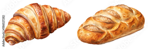 Freshly baked croissant, artisanal bread, watercolor illustration, food art, bakery display, delicious pastries.