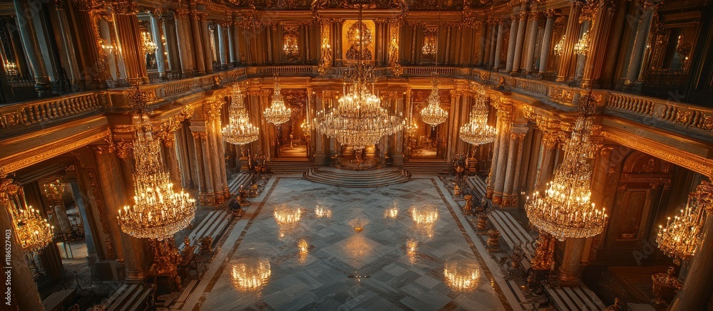 Obraz premium Opulent Palace Interior: A Grand Hall Adorned with Crystal Chandeliers