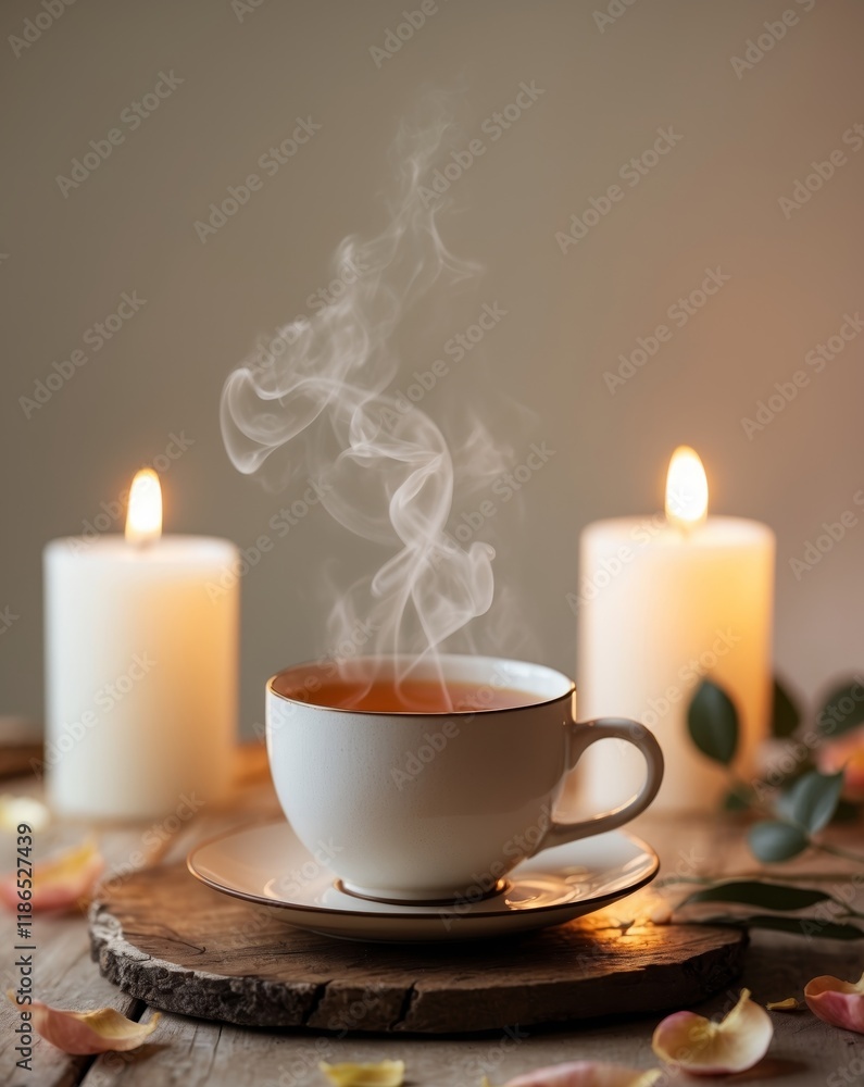 Relaxing evening with a warm cup of tea and candles on a wooden table Relaxing evening with a warm cup of tea and candles on a wooden table