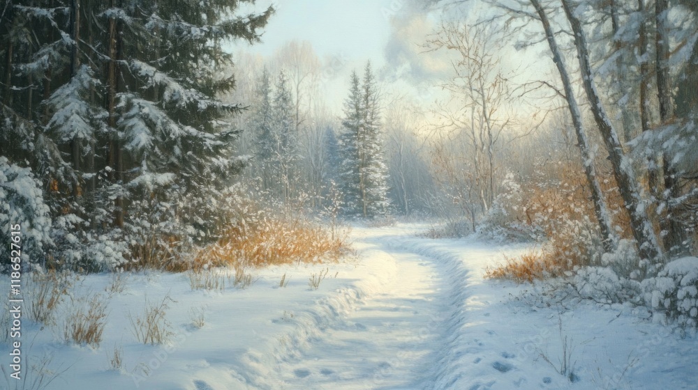 Sun-Kissed Winter Path Through a Snowy Forest Sun-Kissed Winter Path Through a Snowy Forest