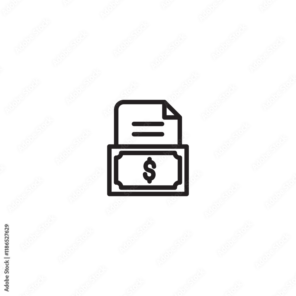 A document icon stacked on top of a dollar bill. Represents financial paperwork, invoices, or money-related documents. Simple line art design. A document icon stacked on top of a dollar bill. Represents financial paperwork, invoices, or money-related documents. Simple line art design.