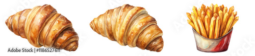 Freshly baked croissants, golden brown pastries, crispy French fries, delicious food illustrations, appetizing culinary art.