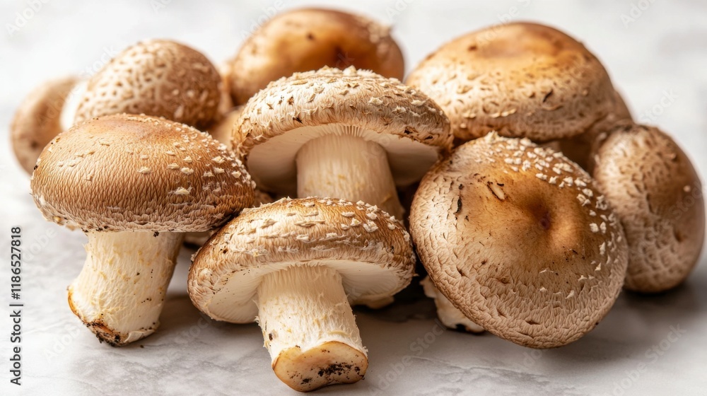 Shiitake Mushrooms Close Up: A cluster of fresh shiitake mushrooms, showcasing their rich brown caps and creamy white stems, sits invitingly on a light surface. Shiitake Mushrooms Close Up: A cluster of fresh shiitake mushrooms, showcasing their rich brown caps and creamy white stems, sits invitingly on a light surface.