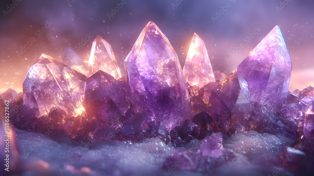 Fototapeta premium Natural raw amethyst crystal clusters showcase deep purple hues and geometric crystalline structures. Translucent facets catch soft backlight, displaying mystical mineral textures and formations.
