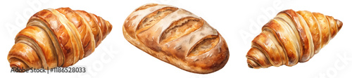 Freshly baked croissants, artisanal bread, golden crust, flaky layers, delicious pastries, food photography, bakery display.