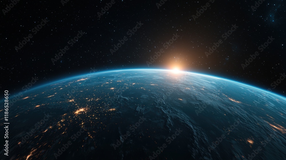 Fototapeta premium Stunning View of Earth from Space with Glowing Sunrise Horizon