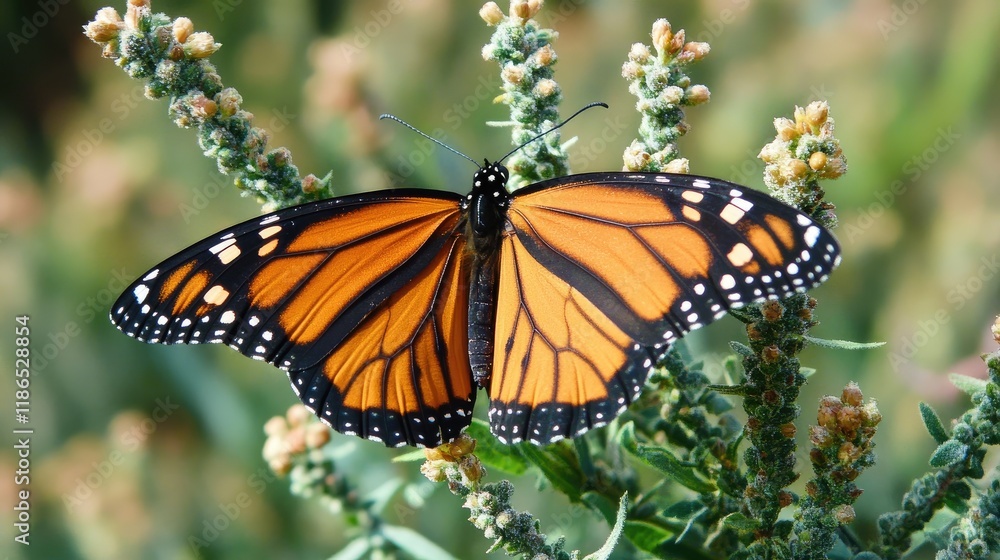 Monarch Butterfly Perched on Green Shrub with Delicate Flowers in Natural Habitat Monarch Butterfly Perched on Green Shrub with Delicate Flowers in Natural Habitat