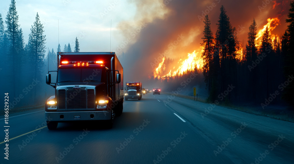 Emergency vehicles respond to a raging wildfire, with flames and smoke engulfing the forest along a highway. Emergency vehicles respond to a raging wildfire, with flames and smoke engulfing the forest along a highway.