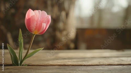 Single pink tulip flower in wooden background with soft focus and natural light conveying freshness and simplicity photo