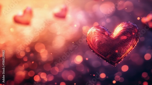 Blurred glowing heart bokeh softly scattered on a deep red backdrop, creating a passionate mood, book illustration style