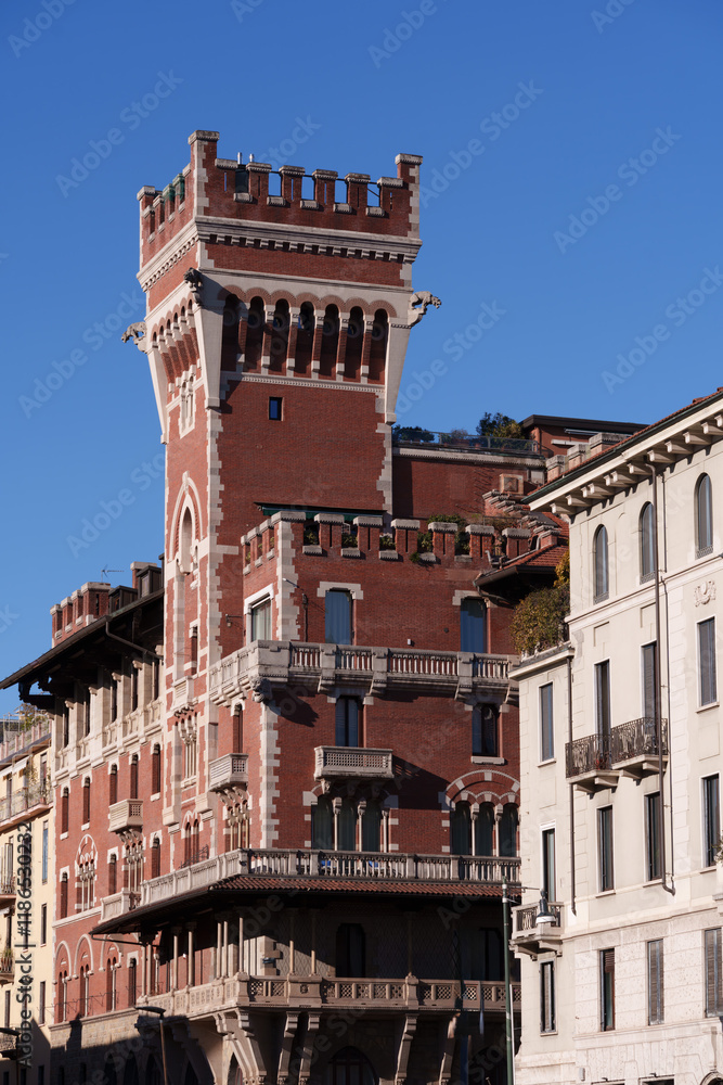 Fototapeta premium Palazzo Cova, historic building along via Carducci and via San Vittore in Milan, Italy
