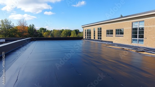 Flat Roof with Single Ply EPDM Membrane Under Clear Blue Sky on Commercial Building photo