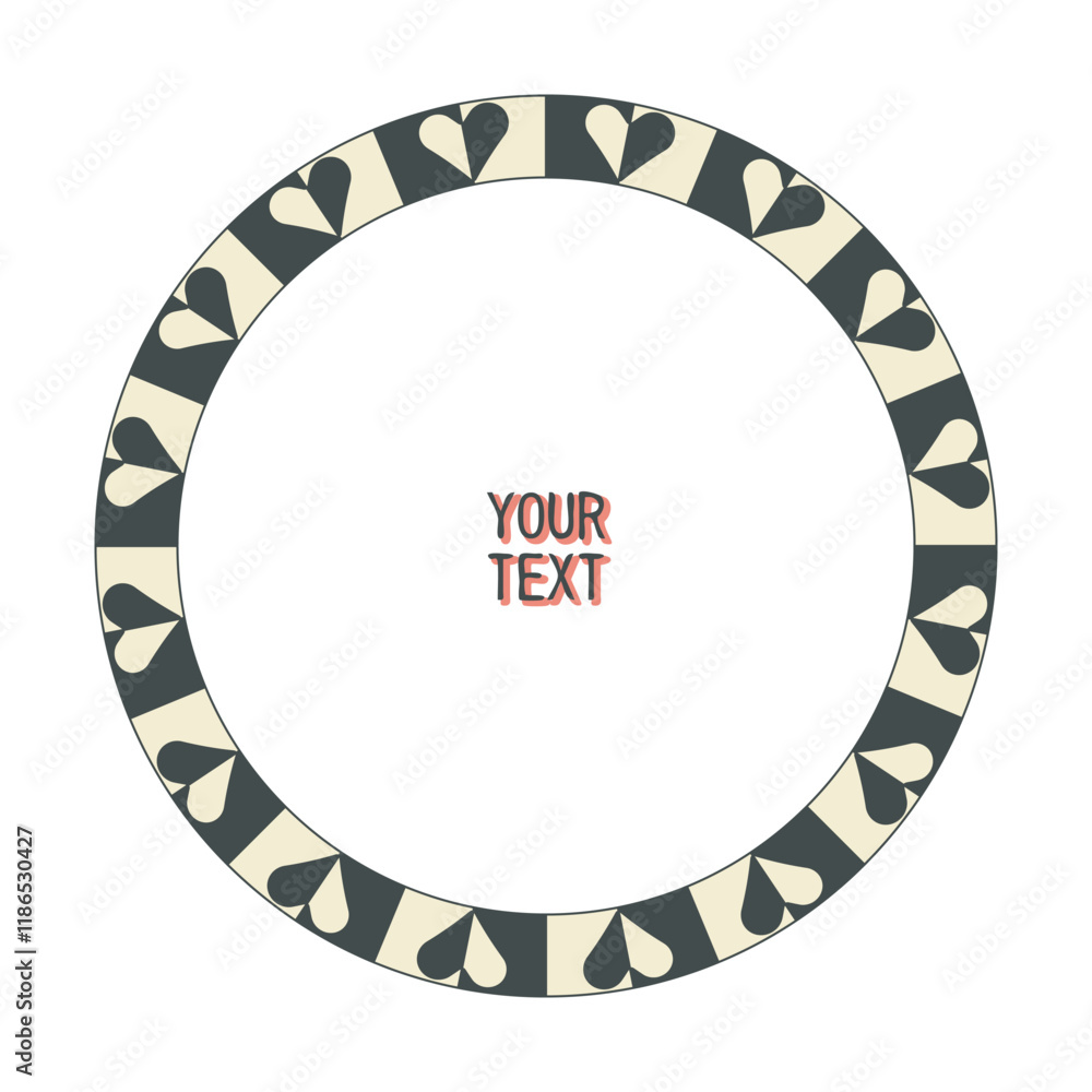 Fototapeta premium Festive lovely greeting card. Circle Border. Cute decorative geometric heart shape, classic graphic style frame. Empty text space. Black white retro colour background. Vector illustration